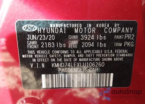 2020 Hyundai Elantra Se from USA, damaged, VIN KMHD74LFXLU106260
